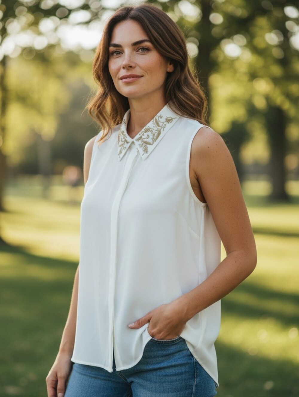 Forever 21 Exclusive White Satin Sleeveless Blouse with Gold Embroidered Collar